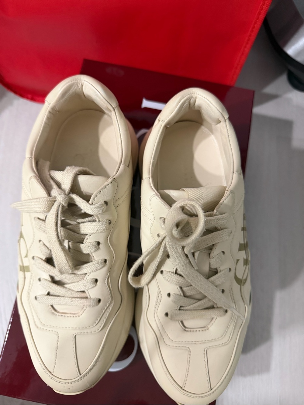 Gucci Cream Leather Chunky Sneakers with Red & Green Stripe - Picture 5 of 9